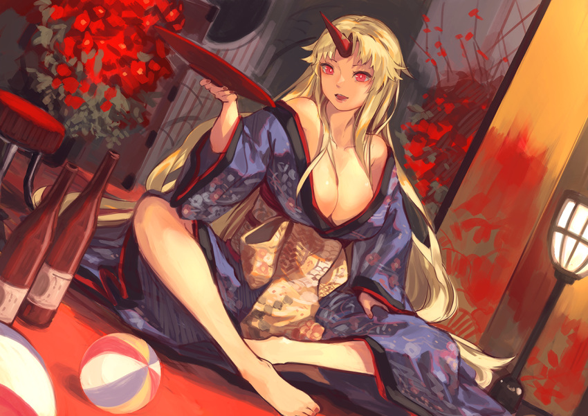 1girl alcohol ball berabou blonde_hair breasts cleavage cup flower horn hoshiguma_yuugi japanese_clothes kimono lamppost long_hair red_eyes sakazuki sake sitting solo touhou