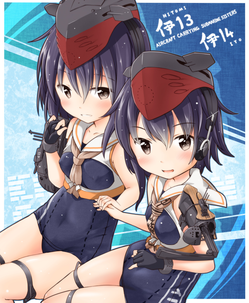 2girls absurdres asymmetrical_hair bare_shoulders black_gloves black_hair blush breasts brown_eyes character_name covered_navel eyebrows_visible_through_hair gloves hair_between_eyes hand_holding hat headphones highres i-13_(kantai_collection) i-14_(kantai_collection) kantai_collection looking_at_viewer multiple_girls neckerchief partly_fingerless_gloves sailor_collar school_swimsuit shirt short_hair single_glove sisters small_breasts smile swimsuit tobi_(nekomata_homara) twins