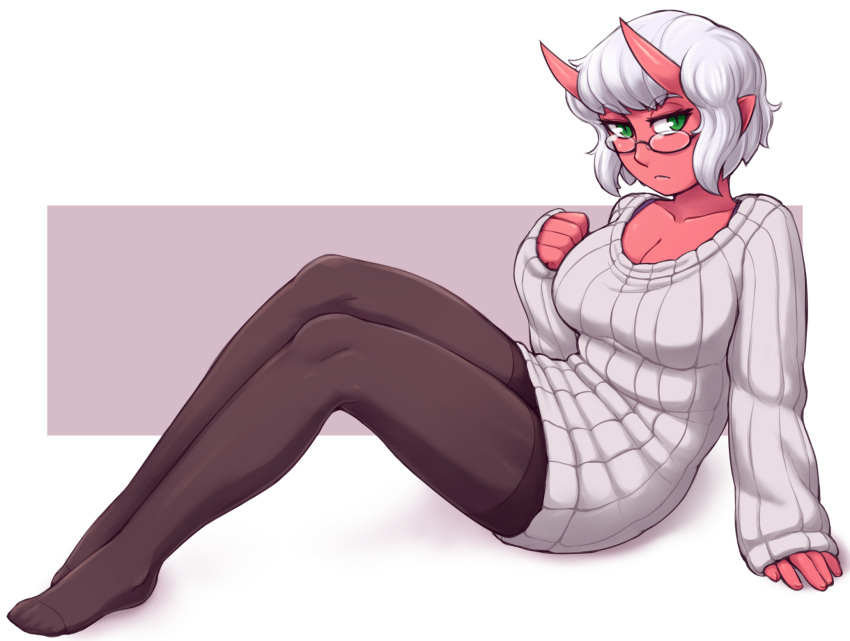 1girl black_legwear breasts cleavage glasses green_eyes highres horns ittla monster_girl oni original red_skin short_hair sitting sweater white_hair white_sweater