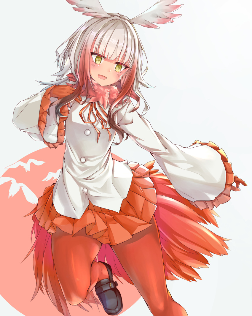 1girl bangs bird_tail black_boots blunt_bangs boots chausson crested_ibis_(kemono_friends) frilled_sleeves frills gloves head_wings highres kemono_friends long_sleeves looking_at_viewer miniskirt multicolored_hair pleated_skirt red_gloves red_legwear red_skirt shirt short_hair silver_hair simple_background skirt solo two-tone_hair white_shirt yellow_eyes