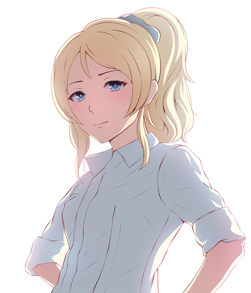 1girl ayase_eli backlighting blonde_hair blue_eyes collared_shirt highres light_smile long_hair long_hairsmile looking_at_viewer love_live! love_live!_school_idol_project miura-n315 ponytail shirt simple_background sleeves_folded_up solo upper_body white_background