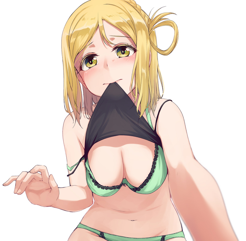 1girl blonde_hair blurry blush bra braid breasts camisole camisole_lift cleavage depth_of_field foreshortening french_braid green_bra green_panties hanging_breasts highres lace lace-trimmed_bra love_live! love_live!_sunshine!! medium_breasts nanotsuki navel ohara_mari one_side_up panties simple_background single_braid solo strap_slip underwear white_background yellow_eyes