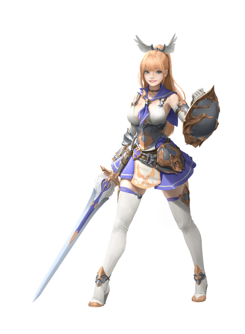 1girl absurdres armor belt blonde_hair blue_eyes boots braid breasts choker collarbone commentary elbow_gloves full_body gloves gwang-beom_kho high_heels high_ponytail highres holding holding_sword holding_weapon legs_apart long_hair looking_at_viewer medium_breasts original parted_lips realistic sailor_collar shield simple_background smile solo sword thigh-highs thigh_boots valkyrie weapon white_background white_gloves white_wings wings