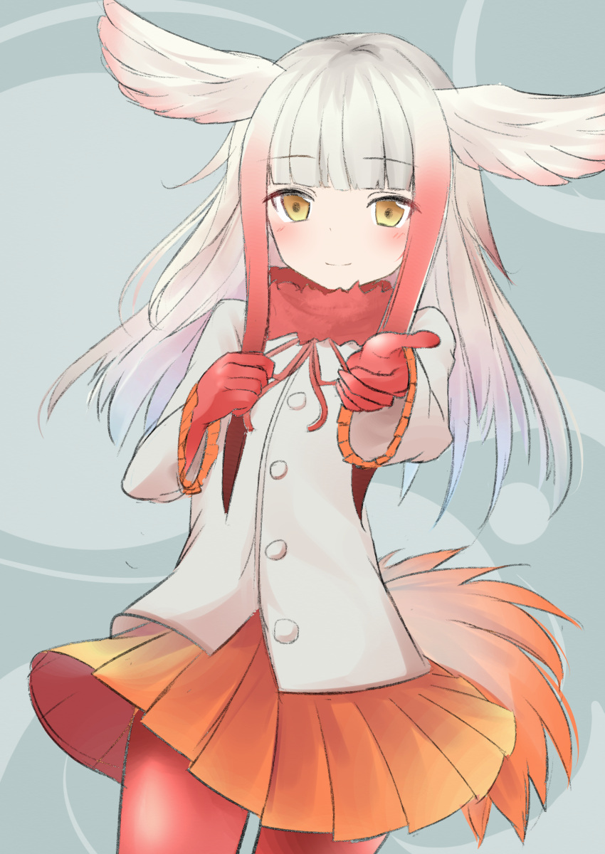 1girl absurdres bangs bird_tail blunt_bangs blush crested_ibis_(kemono_friends) eyebrows_visible_through_hair gloves head_wings highres kemono_friends long_sleeves looking_at_viewer medium_hair multicolored_hair odeclea orange_skirt outstretched_hand pantyhose pleated_skirt red_gloves red_legwear shirt silver_hair simple_background skirt smile solo standing two-tone_hair white_shirt yellow_eyes