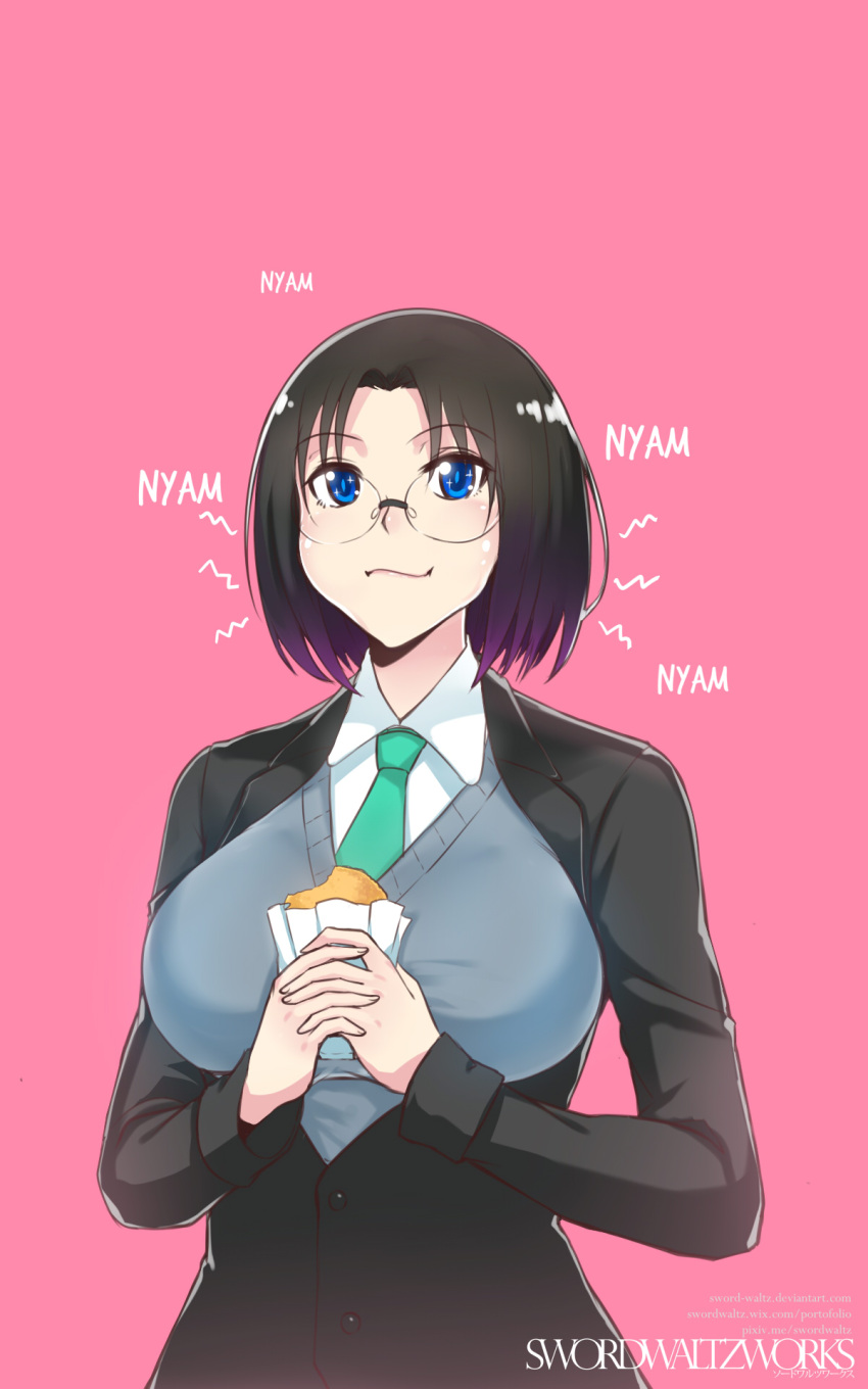 +_+ 1girl alternate_costume artist_name bangs black_jacket blue_sweater breasts brown_hair buttons closed_mouth collared_shirt dragon_girl dress_shirt eating elma_(maidragon) eyebrows_visible_through_hair food glasses gradient gradient_hair green_necktie hair_intakes hands_together highres holding holding_food interlocked_fingers jacket kobayashi-san_chi_no_maidragon large_breasts long_sleeves multicolored_hair necktie no_horn no_tail office_lady parted_bangs purple_background purple_hair rimless_glasses shirt short_hair simple_background solo sweater sweater_vest swordwaltz symbol-shaped_pupils upper_body white_shirt wing_collar