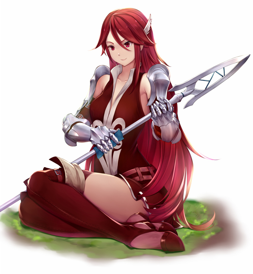 &gt;:) 1girl armor armpit_peek belt boots breasts closed_mouth collarbone dress elbow_gloves eyebrows_visible_through_hair female fire_emblem fire_emblem:_kakusei garter_straps gauntlets gloves hair_between_eyes head_wings highres holding holding_weapon knee_boots legs long_hair medium_breasts nintendo pak_ce pauldrons polearm red_boots red_dress red_eyes red_gloves red_legwear redhead simple_background sitting smile solo spear thigh-highs thigh_boots cordelia_(fire_emblem) very_long_hair weapon white_background yokozuwari