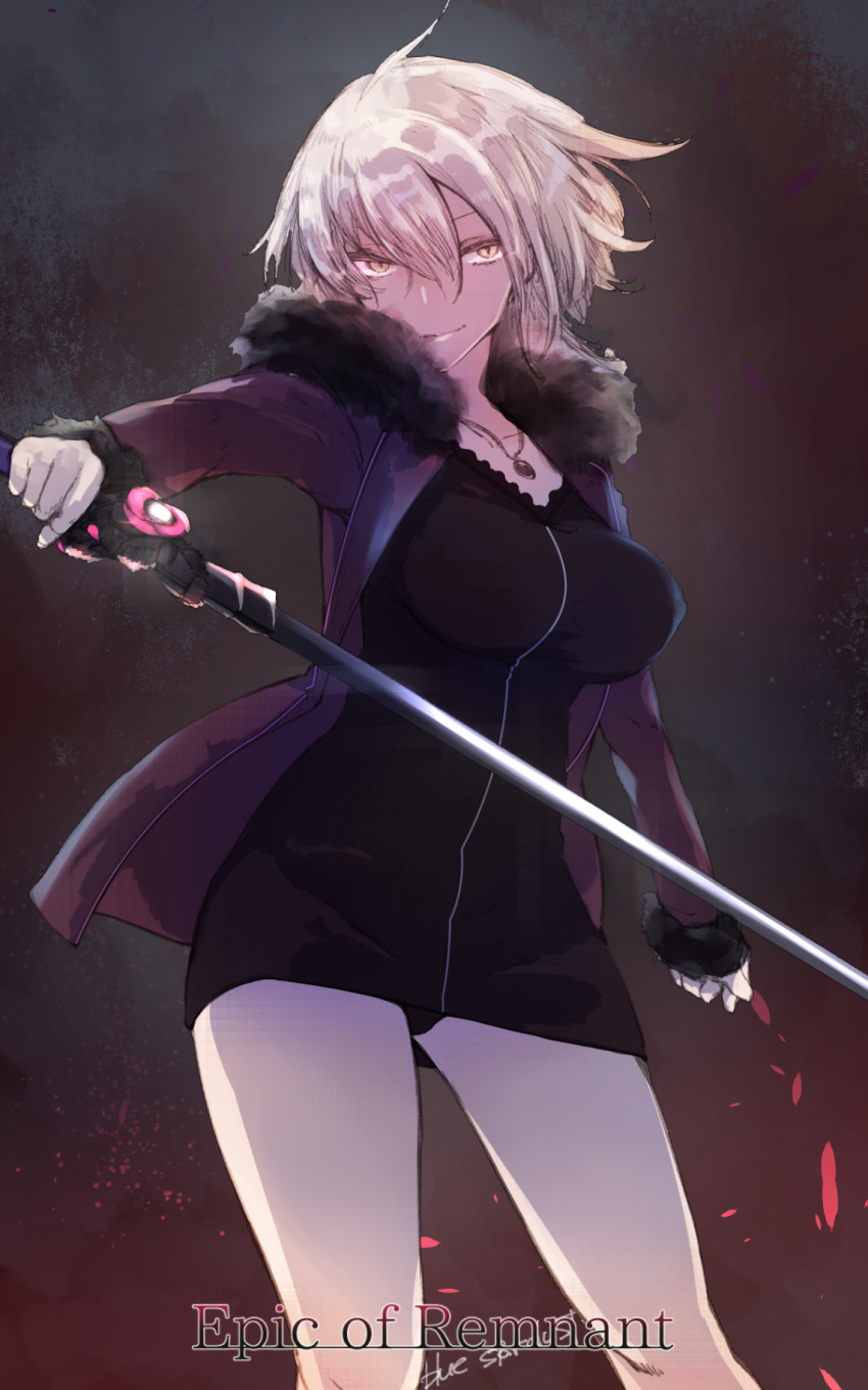 1girl ahoge bangs black_dress black_panties breasts cowboy_shot dress fate/grand_order fate_(series) fur_trim hair_between_eyes highres holding holding_sword holding_weapon jacket jeanne_alter jewelry kojima_(blue_stardust) large_breasts long_sleeves looking_at_viewer open_clothes open_jacket panties pantyshot pantyshot_(standing) pendant ruler_(fate/apocrypha) short_dress short_hair silver_hair solo standing sword underwear weapon yellow_eyes