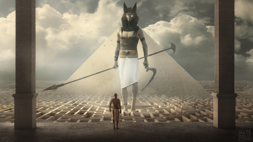 2015 absurdres anubis artist_name bald bird clouds column commentary dofresh from_behind giant glowing glowing_eyes highres holding holding_staff loincloth maze number outdoors pillar pyramid sickle size_difference sky sokaris staff standing topless