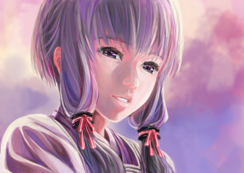 1girl abs_(ebisuzc94rghw) bangs blunt_bangs close-up clouds cloudy_sky face hair_ornament hair_tubes japanese_clothes kimono looking_at_viewer parted_lips pink_eyes pink_sky purple_hair red_ribbon ribbon short_hair_with_long_locks sidelocks sky solo teeth vocaloid voiceroid yuzuki_yukari
