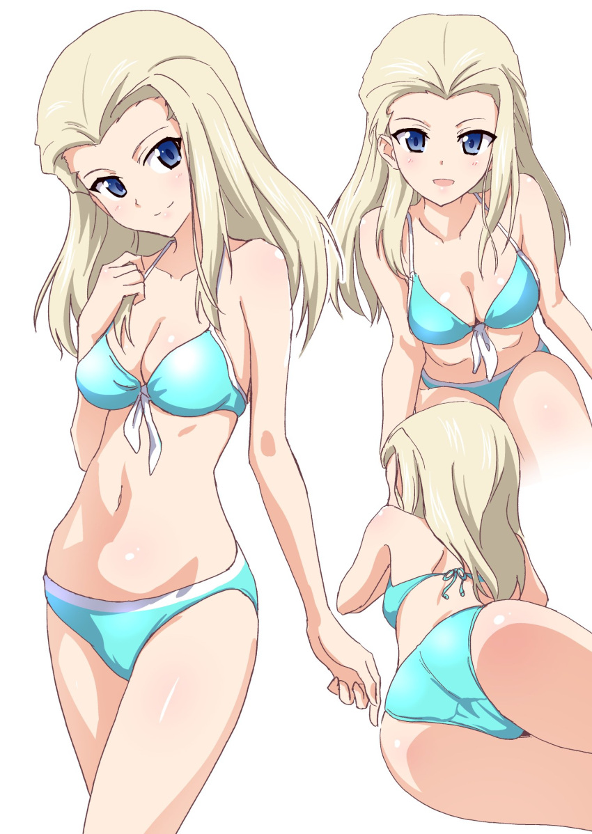 1girl ass bangs bikini blue_bikini blue_eyes breasts clara_(girls_und_panzer) cleavage front-tie_bikini front-tie_top gin'you_haru girls_und_panzer hand_on_own_chest head_tilt highres light_brown_hair long_hair lying medium_breasts navel parted_bangs simple_background smile swimsuit white_background