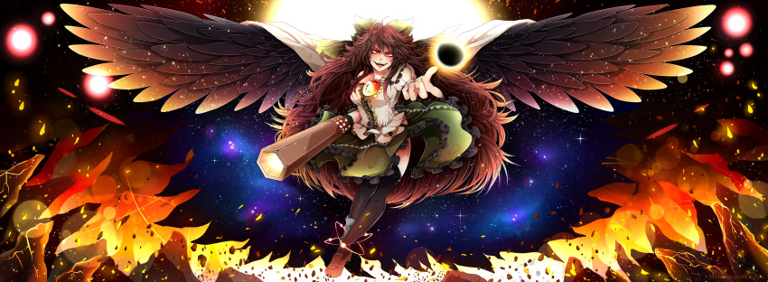 1girl absurdres arm_cannon black_legwear black_sun black_wings blouse bow breasts brown_hair cape danmaku destruction feathered_wings fire frilled_skirt frills green_skirt hair_bow hell highres invidiata loafers long_hair medium_breasts messy_hair open_mouth puffy_short_sleeves puffy_sleeves red_eyes reiuji_utsuho shoes short_sleeves skirt sun thigh-highs touhou very_long_hair wavy_hair weapon white_blouse wings