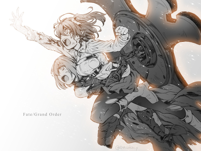 2girls ahoge armor armored_boots artist_request bare_shoulders battle blood blood_on_face boots cape clenched_hand commentary_request detached_sleeves elbow_gloves fate/grand_order fate_(series) fujimaru_ritsuka_(female) gloves greyscale holding_shield light light_particles long_sleeves miniskirt monochrome multiple_girls open_mouth outstretched_arm outstretched_hand pantyhose reaching scrunchie shield shielder_(fate/grand_order) short_hair side_ponytail simple_background skirt torn_cape torn_clothes torn_pantyhose torn_sleeves twitter_username white_background