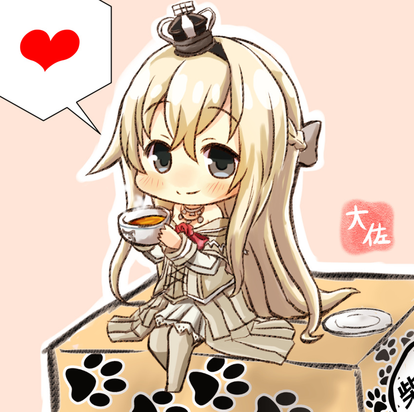 1girl artist_name black_eyes blonde_hair chibi commentary_request crown cup dress hairband highres holding holding_cup kantai_collection long_hair long_sleeves mini_crown off-shoulder_dress off_shoulder sitting smile solo taisa_(kari) tea teacup warspite_(kantai_collection) white_dress