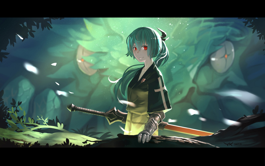 1girl blurry bow cross dark dated depth_of_field dragon english_flag eyes fantasy gauntlets green_hair hair_bow highres letterboxed light_particles looking_at_viewer looking_to_the_side original pale_skin ponytail red_eyes ringed_eyes signature sunlight sword weapon wind yuushoku