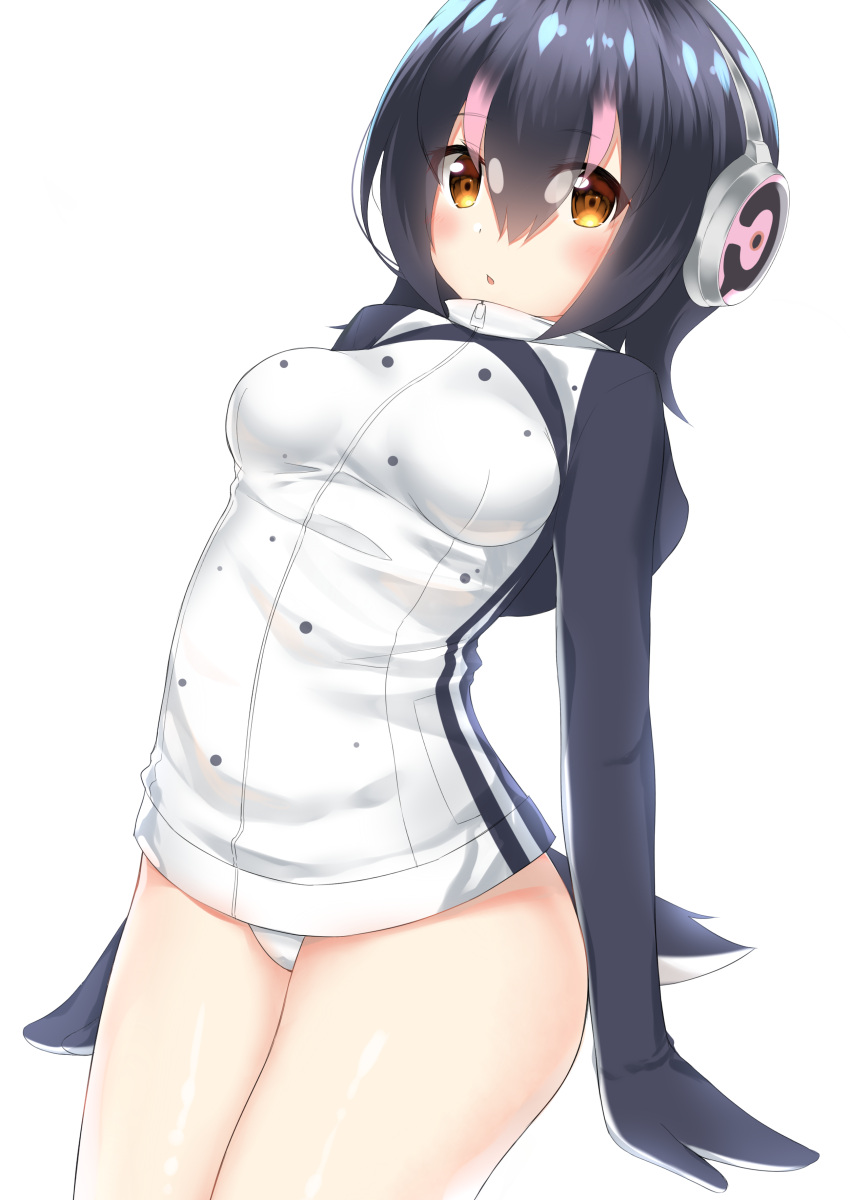 1girl absurdres black_hair brown_eyes chestnut_mouth go-1 headphones highres humboldt_penguin_(kemono_friends) kemono_friends looking_at_viewer parted_lips short_hair simple_background solo tail white_background