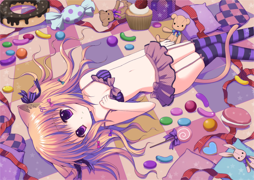 1girl animal_ears animal_tail bare_shoulders bra candy cat_ears cat_tail cupcakes donut frills gifts gradient_hair hair_bows jellybeans laying_down legs_crossed long_hair looking_at_viewer navel nekomimi panties pillows ribbon short_hair skirt small_breasts solo striped_legwear stuffed_animals tagme underwear violet_eyes