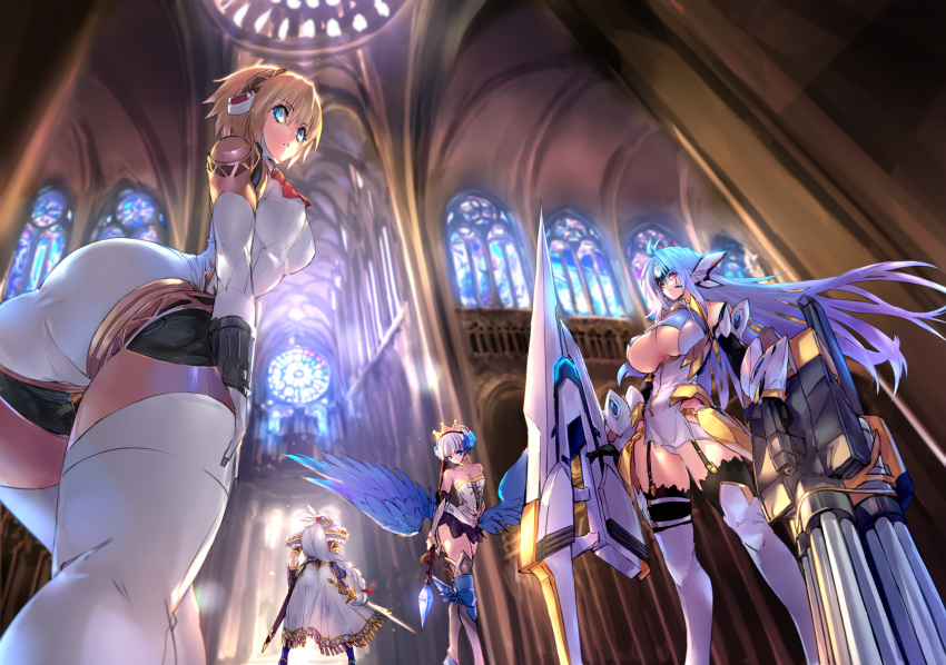 4girls aegis aegis_(persona) android antenna_hair armor armored_dress ass bare_shoulders blonde_hair blue_eyes blue_hair blue_wings boots breasts cannon church church_interior cleavage cleavage_cutout crossover dress dual_wielding feathered_wings floating_hair foreshortening from_below garter_straps gwendolyn headphones highres holding holding_staff holding_sword holding_weapon huge_weapon indoors knee_boots kos-mos large_breasts leaning_forward lenneth_valkyrie leotard long_hair medium_breasts multiple_girls negresco odin_sphere panties pantyshot pantyshot_(standing) pauldrons persona persona_3 red_eyes robot_joints short_dress short_hair silver_hair staff stained_glass standing sunlight sword thigh-highs tiara under_boob underwear valkyrie_profile weapon white_dress white_legwear white_panties winged_hat wings xenosaga