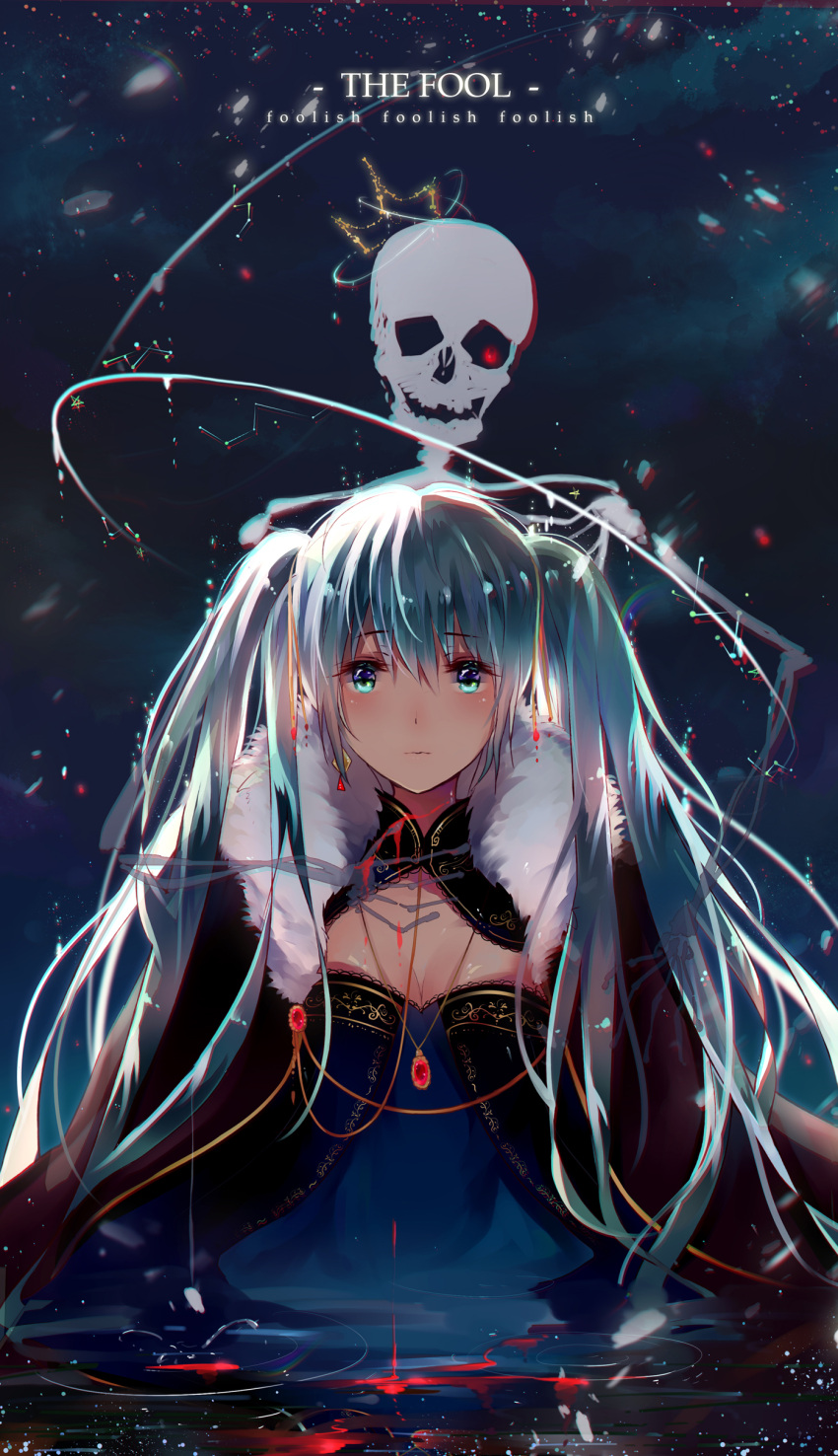 1girl absurdres blood breasts cleavage crown dress earrings english eyelashes glowing glowing_eye green_eyes green_hair hair_ornament hatsune_miku highres jewelry light_particles long_hair necklace pendant skeleton slass solo solo_focus text twintails vocaloid water