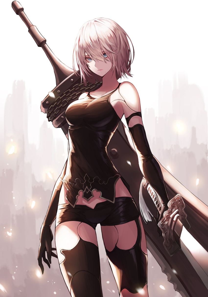 1girl absurdres android bare_shoulders black_gloves black_legwear blue_eyes breasts elbow_gloves gloves highres long_hair looking_at_viewer mole mole_under_mouth nier_(series) nier_automata peulopi silver_hair solo sword thigh-highs weapon white_hair yorha_type_a_no._2