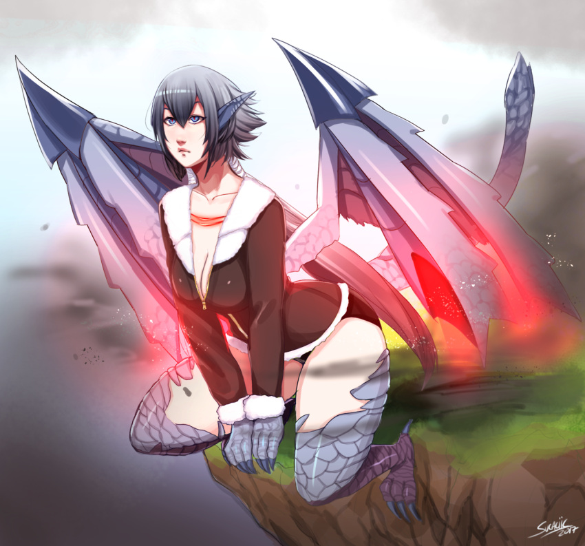 1girl blue_eyes blue_hair blue_sky bomber_jacket breasts claws cleavage cliff dragon_girl glowing glowing_wings grey_hair hair_between_eyes jacket monster_girl monster_hunter monster_hunter_xx multicolored multicolored_eyes multicolored_hair pointy_ears ponytail red_eyes short_shorts shorts sky squatting sucaciic tail thighs tsurime valfalk wings