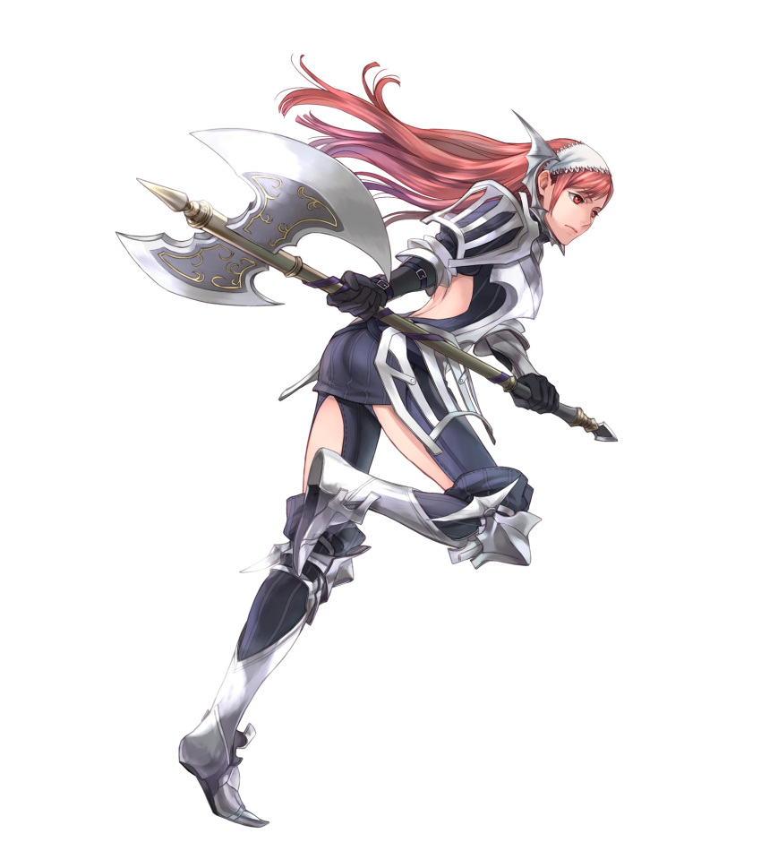1girl arm_guards armor armored_boots axe backless_outfit battle_axe boots fire_emblem fire_emblem:_kakusei fire_emblem_heroes full_body highres holding holding_weapon legs_up long_hair maid_headdress official_art red_eyes redhead serge_(fire_emblem) solo transparent_background wada_sachiko weapon