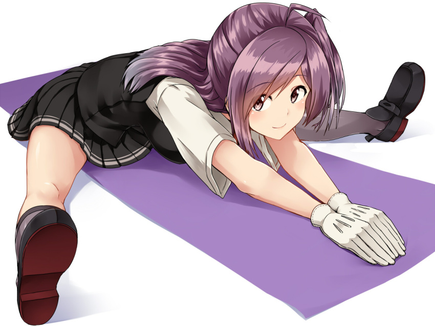 1girl ahoge bangs black_shoes black_skirt black_vest blush breasts brown_eyes closed_mouth eyebrows_visible_through_hair foreshortening full_body gloves gymnastics hagikaze_(kantai_collection) kamelie kantai_collection leaning_forward loafers long_hair looking_at_viewer medium_breasts one_side_up pleated_skirt purple_hair school_uniform shiny shiny_hair shiny_skin shirt shoe_soles shoes short_sleeves sitting skirt smile solo stretch swept_bangs tareme vest white_gloves white_shirt