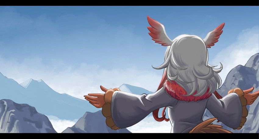 1girl back brown_gloves commentary_request crested_ibis_(kemono_friends) from_behind fujinoki_(horonabe-ken) gloves gradient_hair head_wings kemono_friends mountain multicolored_hair outstretched_arms shade short_hair short_hair_with_long_locks solo spread_arms tail white_hair