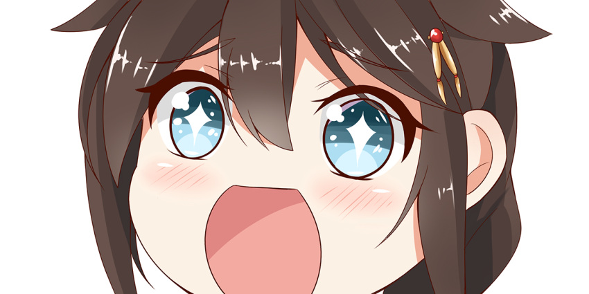 +_+ 1girl ahoge black_hair blue_eyes braid close-up hair_flaps hair_ornament hairclip kantai_collection long_hair looking_at_viewer no_nose open_mouth remodel_(kantai_collection) shigure_(kantai_collection) simple_background sin-poi single_braid solo sparkling_eyes symbol-shaped_pupils white_background