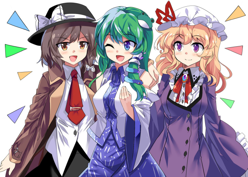 3girls :d ;d arm_around_shoulder black_hat black_skirt blonde_hair blue_eyes blue_skirt bow bowtie brooch brown_coat brown_eyes brown_hair coat collared_shirt commentary_request detached_sleeves dress e.o. fedora frilled_sleeves frills frog_hair_ornament green_hair hair_bow hair_ornament hair_ribbon hand_on_another's_shoulder hat hat_bow jewelry kochiya_sanae long_hair long_sleeves maribel_hearn mob_cap multiple_girls necktie one_eye_closed open_mouth purple_dress red_bow red_bowtie red_necktie ribbon shirt skirt smile snake_hair_ornament touhou trench_coat tress_ribbon usami_renko violet_eyes white_background white_bow white_hat white_shirt wide_sleeves