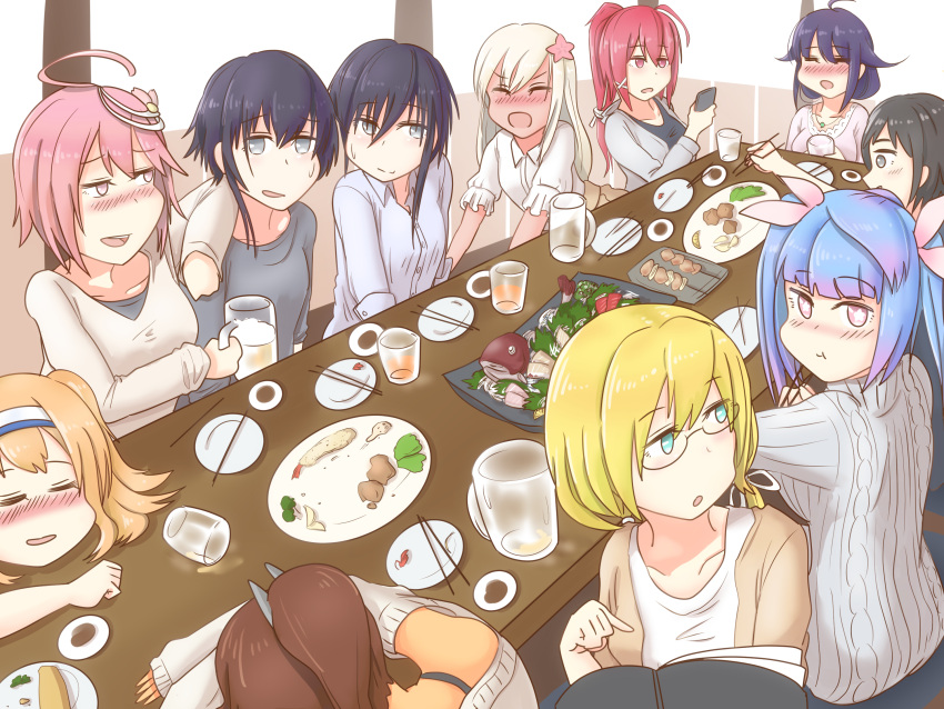 6+girls ahoge alcohol alternate_costume beer black_hair blonde_hair blue_eyes blue_hair blush bottle brown_eyes casual character_request chopsticks closed_eyes cup drinking drinking_glass drugged drunk glasses hair_between_eyes hair_ornament hairband highres i-13_(kantai_collection) i-14_(kantai_collection) i-168_(kantai_collection) i-19_(kantai_collection) i-401_(kantai_collection) i-58_(kantai_collection) i-8_(kantai_collection) kantai_collection kiritto long_hair long_sleeves looking_at_viewer multiple_girls no_headwear off-shoulder_sweater open_mouth party pink_hair ponytail ro-500_(kantai_collection) sakazuki sake sake_bottle short_hair sisters sleeping sweater table taigei_(kantai_collection) twins twintails