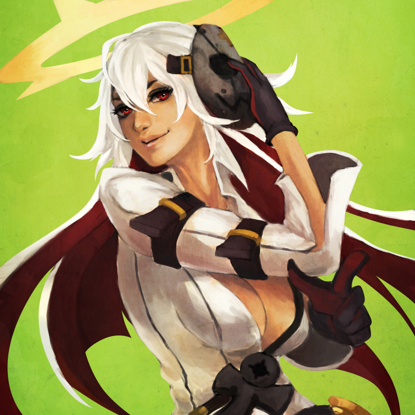 1girl absurdres ankh belt bodysuit breasts cleavage gloves green_background guilty_gear guilty_gear_xrd halo highres holding holding_mask jack-o_(guilty_gear) long_hair looking_at_viewer mask mask_removed monori_rogue multicolored_hair pointing pointing_at_viewer red_eyes redhead simple_background smile solo two-tone_hair white_hair
