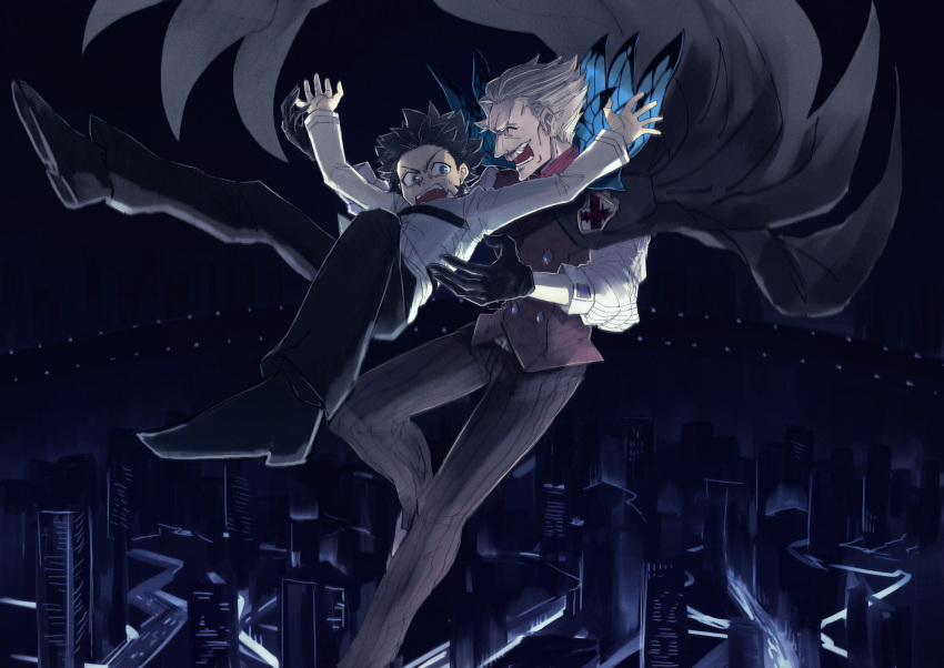 2boys black_gloves black_hair cape cityscape facial_hair falling fate/grand_order fate_(series) fujimaru_ritsuka_(male) gloves grey_hair gupaon highres james_moriarty_(fate/grand_order) multiple_boys mustache night vest