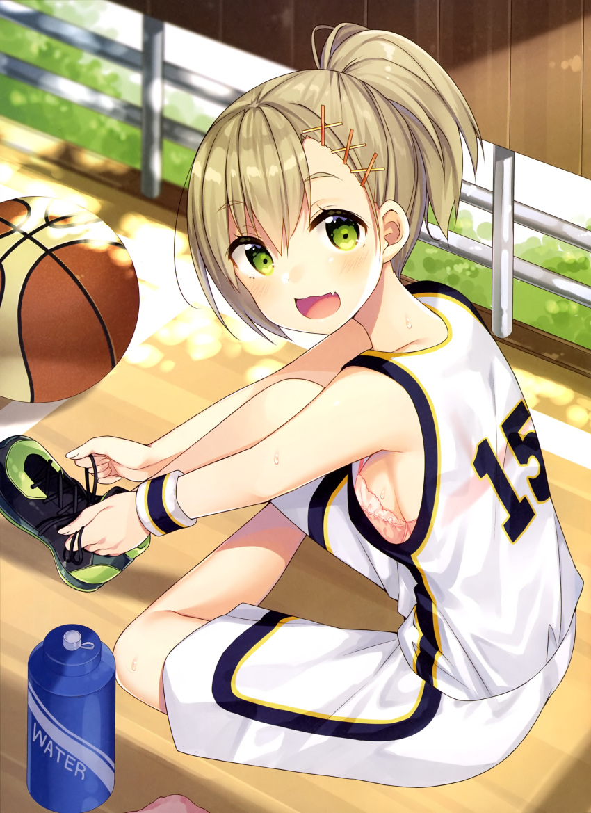 1girl :d absurdres armpits ball bare_shoulders basketball basketball_uniform bekotarou black_shoes bottle bra breasts brown_hair clothes_writing dappled_sunlight fingernails from_side green_eyes hair_ornament highres looking_at_viewer medium_breasts open_mouth pink_bra scan shoes short_hair shorts sideboob sitting sleeveless smile sneakers solo sportswear sunlight sweatband tareme tying_shoes underwear water_bottle white_shorts wooden_floor x_hair_ornament