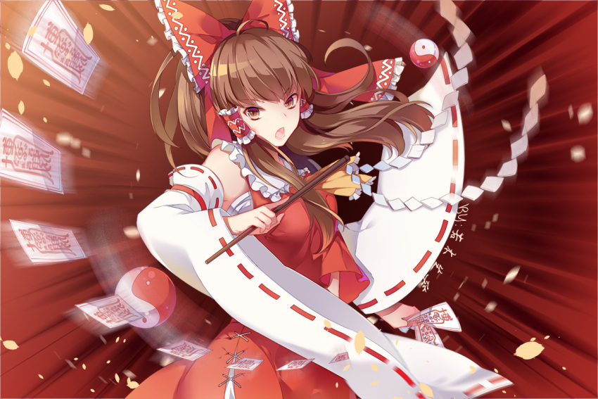 &gt;:o 1girl :o ahoge bangs blunt_bangs bow breasts brown_eyes brown_hair budget_sarashi cowboy_shot detached_sleeves eyebrows_visible_through_hair floating_object frilled_bow frilled_shirt_collar frills gohei hair_bow hair_tubes hakurei_reimu long_hair long_sleeves looking_at_viewer medium_breasts motion_blur ofuda open_mouth ponytail red_bow red_ribbon red_skirt red_vest ribbon ribbon-trimmed_sleeves ribbon_trim sarashi serious sidelocks skirt solo standing touhou translation_request vest wide_sleeves yellow_ascot yin_yang yin_yang_orb
