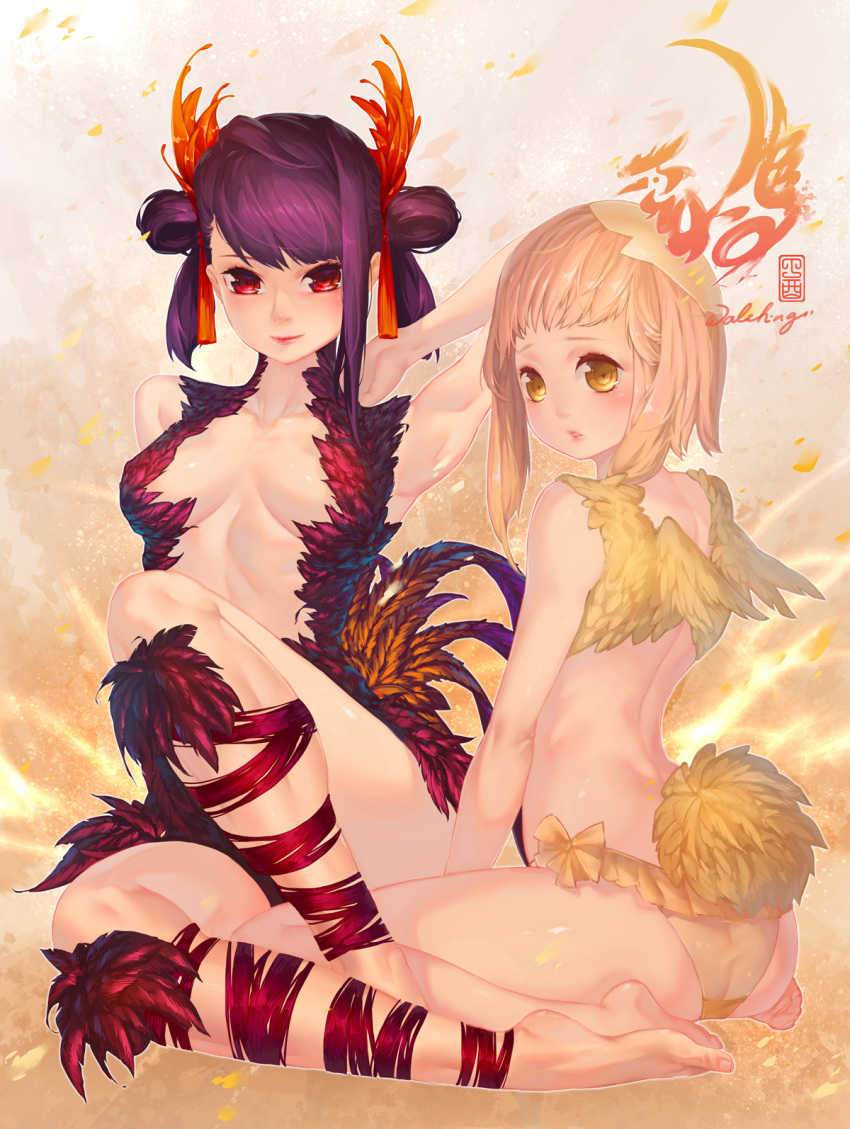 2girls arm_behind_head arm_up armpits artist_name ass bangs barefoot between_legs bikini blonde_hair blunt_bangs bow bow_bikini breasts breasts_apart closed_mouth collarbone double_bun eggshell eggshell_hat feather_trim feathers frilled_bikini frills hair_ornament hair_ribbon hand_between_legs hat highres knee_up lips lipstick looking_at_viewer looking_back makeup medium_breasts multiple_girls original parted_lips pink_lips pink_lipstick purple_hair red_eyes revealing_clothes ribbon rooster_tail short_hair_with_long_locks sidelocks signature sitting smile swimsuit tail tassel toenails twisted_neck wariza waterring wings yellow_bikini yellow_bikini_bottom yellow_bow yellow_eyes