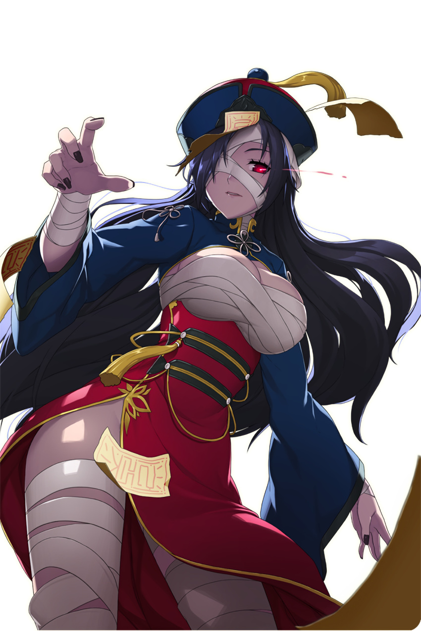 1girl alternate_costume bandage_over_one_eye black_hair black_nails blue_hat breasts cleavage from_below hat highres large_breasts leg_wraps long_hair looking_at_viewer nail_polish ofuda ofuda_on_clothes outstretched_hand parted_lips ravian_(soccer_spirits) red_eyes soccer_spirits solo standing tassel wide_sleeves