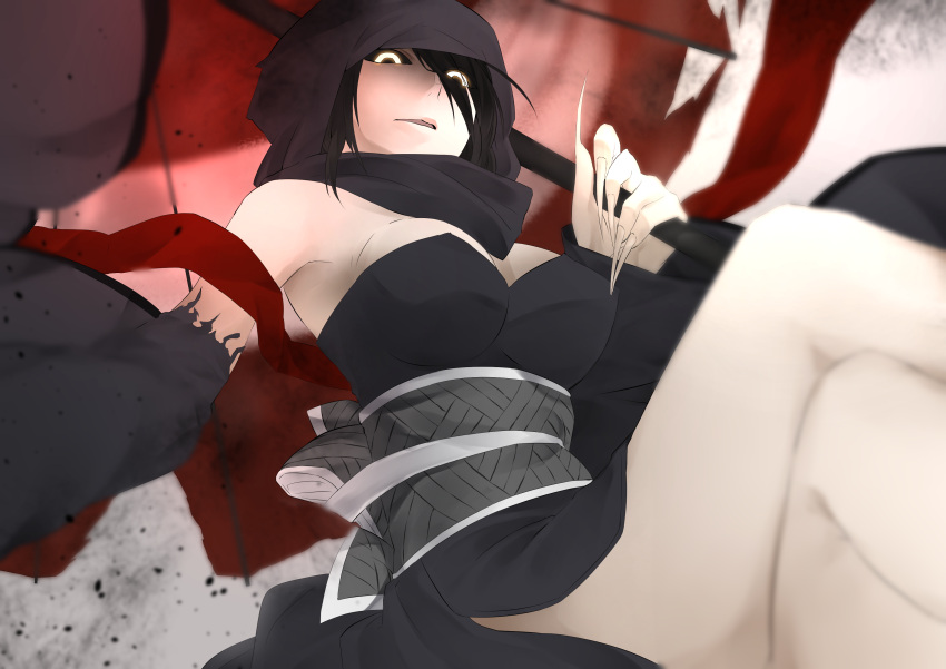 1girl absurdres bare_legs black_hair black_sclera breasts cotton_kanzaki detached_sleeves fingernails from_below glowing glowing_eyes hair_over_one_eye highres hino-enma hood large_breasts legs_crossed long_fingernails nioh oriental_umbrella pale_skin parted_lips sash sharp_fingernails side_slit solo strapless umbrella