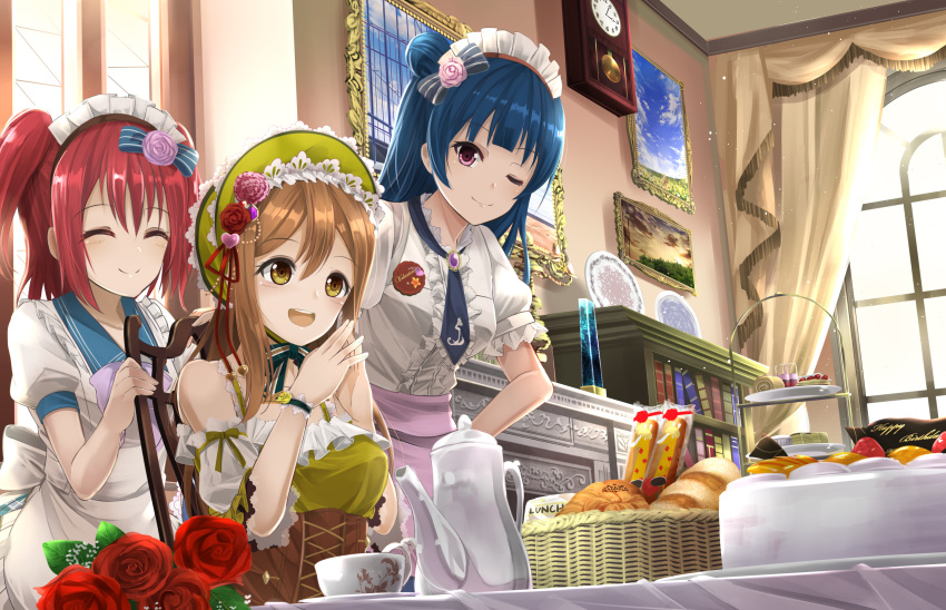 3girls :d ;) ^_^ apron badge bangs basket birthday_cake blue_hair blush bonnet bookshelf bread brown_eyes brown_hair button_badge cake center_frills chair clock closed_eyes corset cup curtains detached_sleeves flower food hair_bun hair_flower hair_ornament hands_together happy heart_hair_ornament highres indoors kunikida_hanamaru kurosawa_ruby long_hair love_live! love_live!_sunshine!! maid maid_headdress multiple_girls necktie one_eye_closed open_mouth orein painting_(object) pastry photo_(object) red_rose redhead rose short_sleeves side_bun sleeveless slice_of_cake smile steepled_fingers sweets table teacup teapot tsushima_yoshiko two_side_up violet_eyes waist_apron wall_clock window wristband