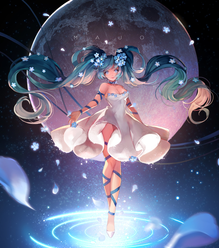 1girl absurdres arm_ribbon artist_name bangs bare_shoulders blue_eyes blue_ribbon breasts choker cleavage closed_mouth collarbone commentary crossed_ankles dress eyebrows_visible_through_hair floating_hair flower full_body full_moon green_hair groin hair_flower hair_ornament head_tilt highres leg_ribbon light_particles long_hair long_legs looking_at_viewer majo medium_breasts moon original petals ribbon ripples shoes sleeveless sleeveless_dress smile solo standing strapless strapless_dress swept_bangs twintails very_long_hair white_dress white_shoes