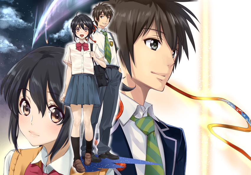 1boy 1girl bag bangs belt black_hair black_legwear black_shoes blue_pants blue_skirt bow brown_eyes brown_hair brown_shoes carrying closed_mouth clouds cloudy_sky commentary_request diagonal_stripes dress_shirt emblem full_body green_necktie grin hair_ribbon highres kimi_no_na_wa light_smile loafers looking_at_viewer miyamizu_mitsuha multiple_views necktie night night_sky open_mouth pants pleated_skirt portrait red_bow red_ribbon red_string ribbon school_bag school_uniform shirt shoes shooting_star short_hair short_sleeves skirt sky smile socks standing string sweater_vest tachibana_taki ugeppa white_shirt yellow_vest