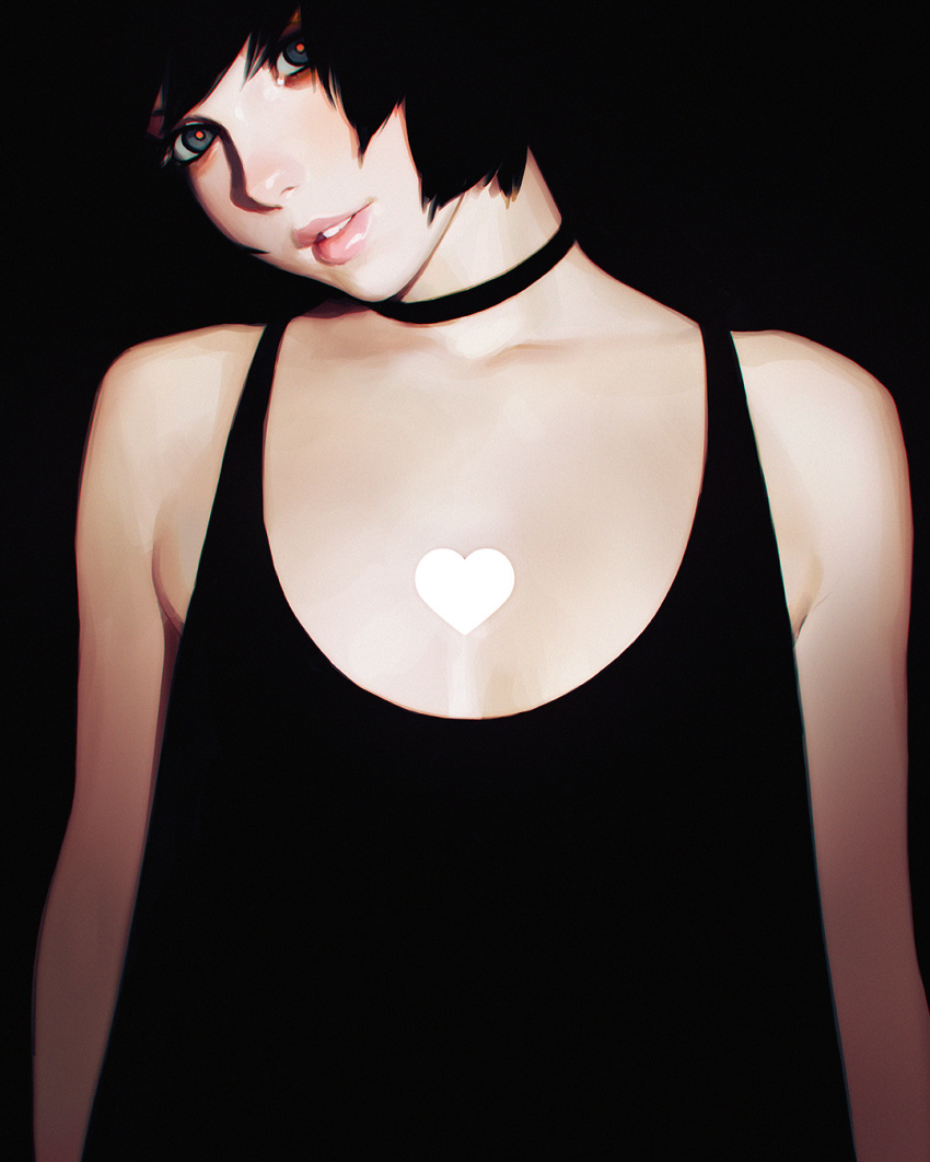 1girl arms_at_sides black_background black_choker black_hair black_shirt blue_eyes choker head_tilt heart highres ilya_kuvshinov lipgloss lips looking_at_viewer original parted_lips shirt short_hair simple_background sleeveless sleeveless_shirt smile solo tank_top upper_body