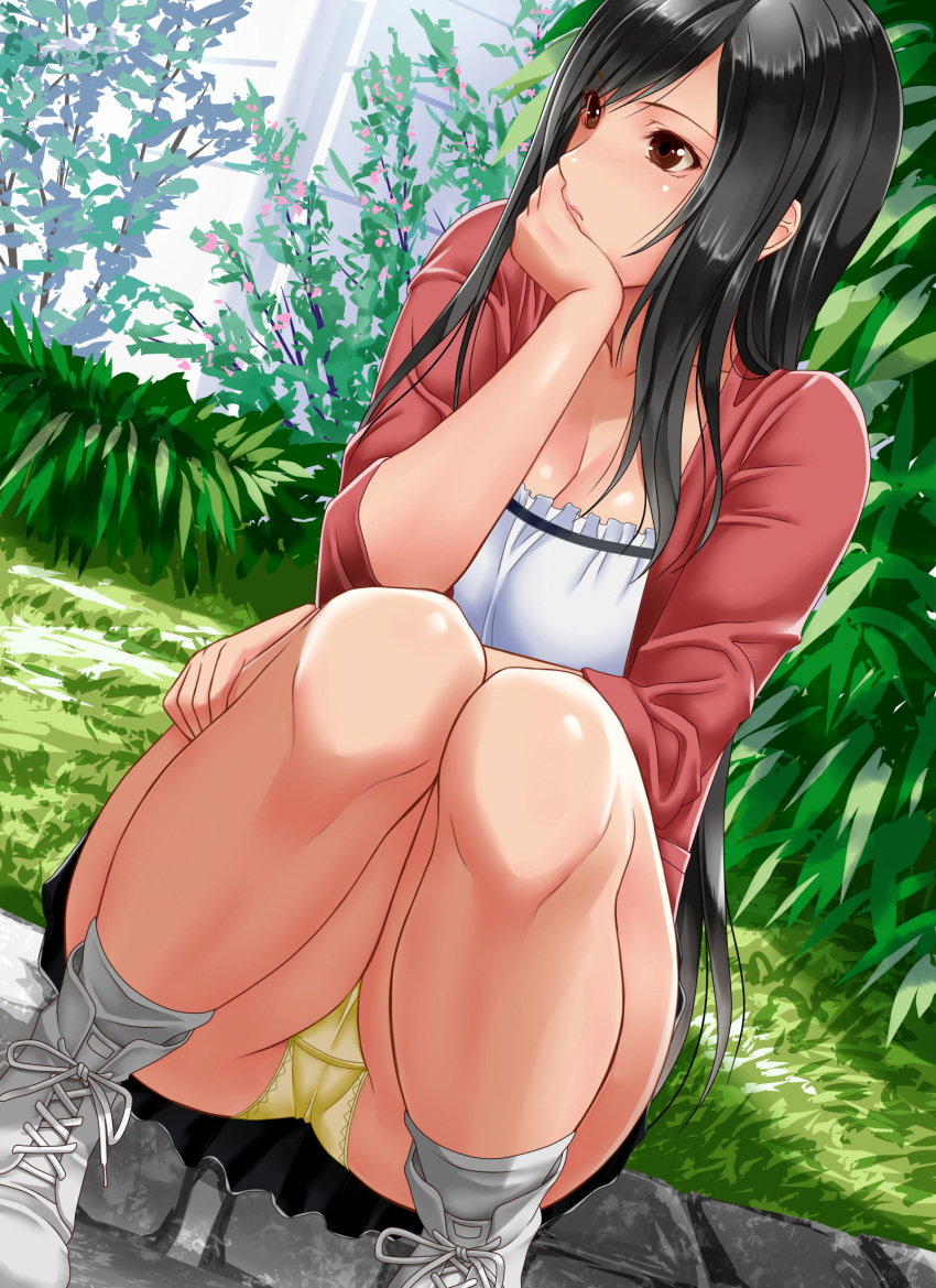 1girl alternate_costume bangs black_hair black_skirt breasts brown_eyes cardigan casual chin_rest cleavage closed_mouth collarbone final_fantasy final_fantasy_vii foreshortening highres large_breasts long_hair looking_away open_cardigan open_clothes outdoors panties pantyshot pantyshot_(squatting) plant shoes sidelocks skirt sneakers socks solo squatting suuitchi tifa_lockhart underwear white_legwear yellow_panties