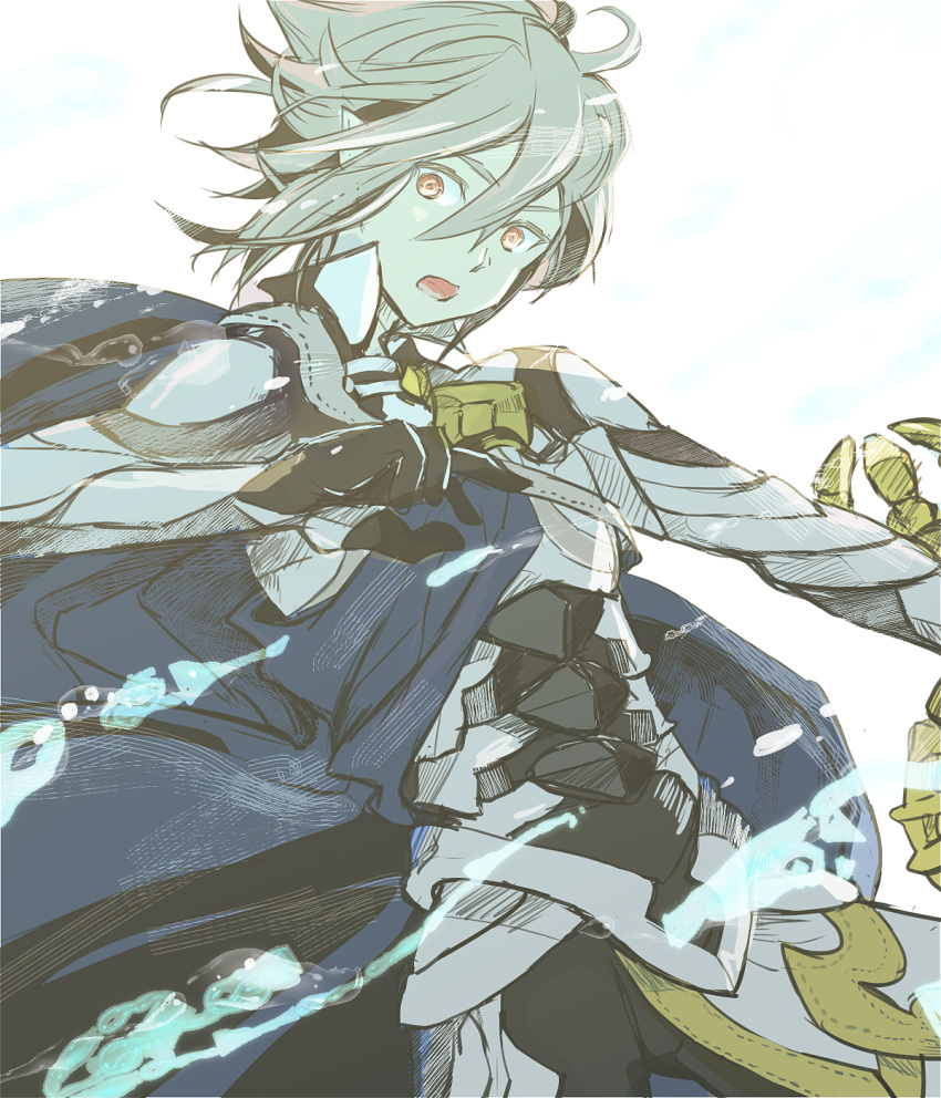 1boy armor cape fire_emblem fire_emblem_if gloves highres holding holding_sword holding_weapon long_hair looking_at_viewer male_focus male_my_unit_(fire_emblem_if) my_unit_(fire_emblem_if) open_mouth pointy_ears red_eyes short_hair simple_background solo sword torisudesu weapon white_background
