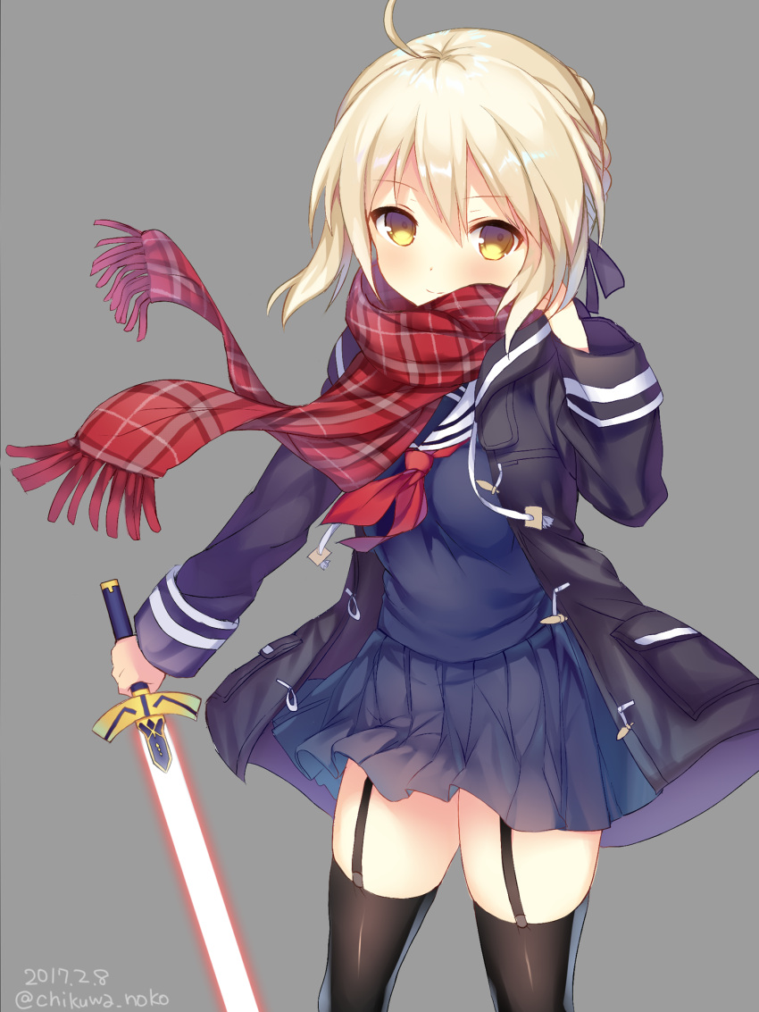 1girl ahoge bangs black_legwear blonde_hair blue_skirt blush braid breasts closed_mouth coat cowboy_shot dated duffel_coat eyebrows_visible_through_hair fate/grand_order fate_(series) french_braid fringe garter_straps grey_background heroine_x heroine_x_(alter) highres holding holding_sword holding_weapon light_smile looking_at_viewer medium_breasts narusegawa_riko neckerchief open_clothes open_coat plaid plaid_scarf pleated_skirt red_neckerchief red_scarf saber scarf school_uniform serafuku short_hair_with_long_locks sidelocks signature simple_background skirt smile solo sword thigh-highs twitter_username weapon yellow_eyes