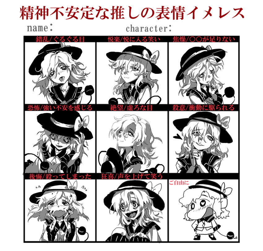 1girl :3 bangs biting blood bloody_hair bloody_hands blouse bow chart crayon_shin-chan crazy_eyes crazy_smile diamond_(shape) english fingers_to_cheeks frilled_shirt_collar frilled_sleeves frills hand_on_headwear hands_together hat hat_bow hat_removed head_tilt headwear_removed heart heart-shaped_pupils highres interlocked_fingers komeiji_koishi long_hair long_sleeves looking_at_viewer looking_up monochrome parody seeker shaded_face sketch sleeves_past_wrists solo style_parody symbol-shaped_pupils teeth third_eye thumb_biting tongue tongue_out touhou translation_request yo-yo