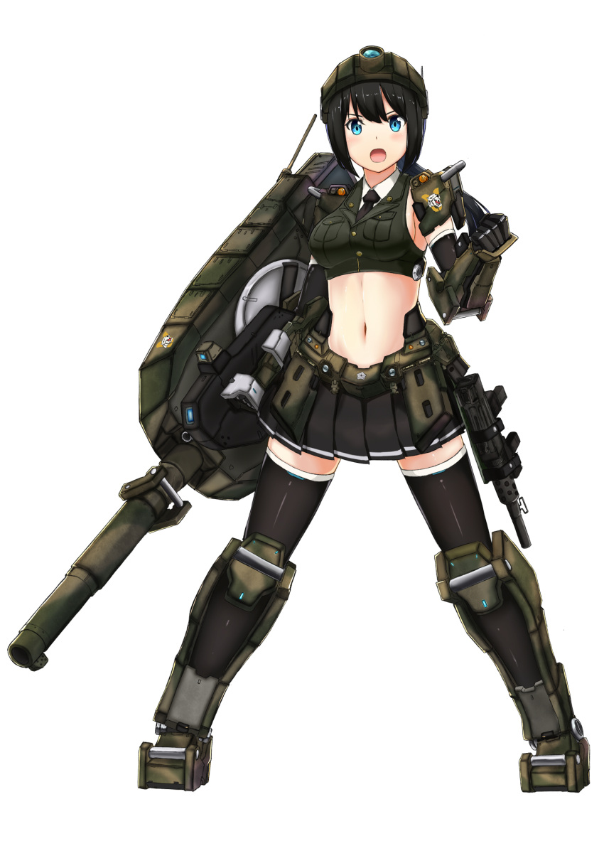 1girl armor black_hair blue_eyes breast_pocket breasts cannon clenched_hand elbow_gloves gloves ground_vehicle gun highres mecha_musume midriff military military_uniform military_vehicle motor_vehicle navel necktie open_mouth original pauldrons personification pleated_skirt pocket saamon_(railgun0522) short_hair simple_background skirt solo submachine_gun tank thigh-highs turret type_10_(tank) uniform weapon white_background zettai_ryouiki