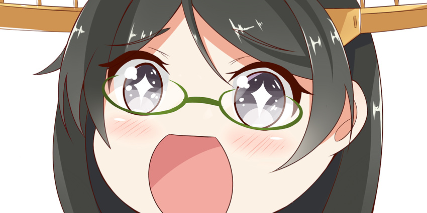 +_+ 1girl black_hair close-up glasses green-framed_eyewear hairband headgear kantai_collection kirishima_(kantai_collection) looking_at_viewer no_nose open_mouth short_hair simple_background sin-poi solo sparkling_eyes symbol-shaped_pupils white_background