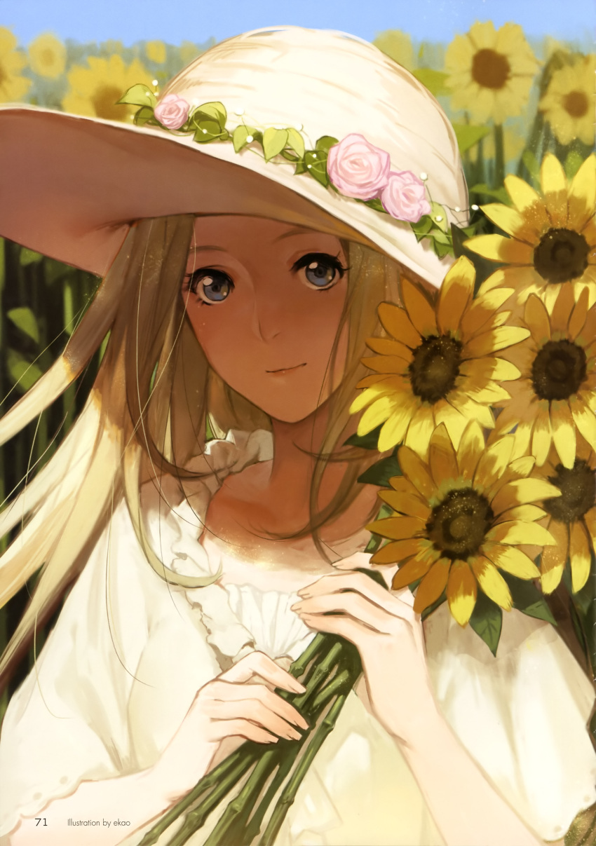 1girl absurdres artist_name blonde_hair blue_eyes blurry depth_of_field ekao eyelashes flower hat hat_flower highres holding holding_flower kawasumi_sisala light_smile long_hair looking_at_viewer number page_number short_sleeves solo sun_hat sunflower tokyo_7th_sisters upper_body watermark white_clothes
