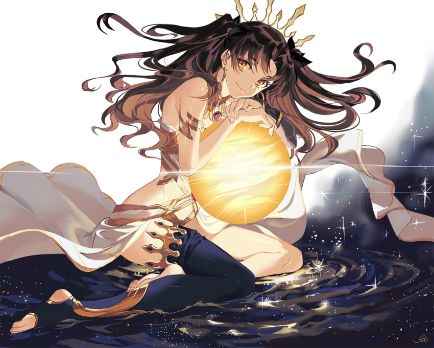 1girl 9sui armlet asymmetrical_legwear asymmetrical_sleeves bare_shoulders barefoot black_hair black_legwear bridal_gauntlets closed_mouth crown earrings elbow_gloves fate/grand_order fate_(series) floating_hair gloves hair_ribbon hoop_earrings ishtar_(fate/grand_order) jewelry light_particles long_hair looking_at_viewer neck_ring planet ribbon single_elbow_glove single_thighhigh smile solo sparkle thigh-highs thighlet toeless_legwear tohsaka_rin toosaka_rin two_side_up venus venus_(planet) water yellow_eyes