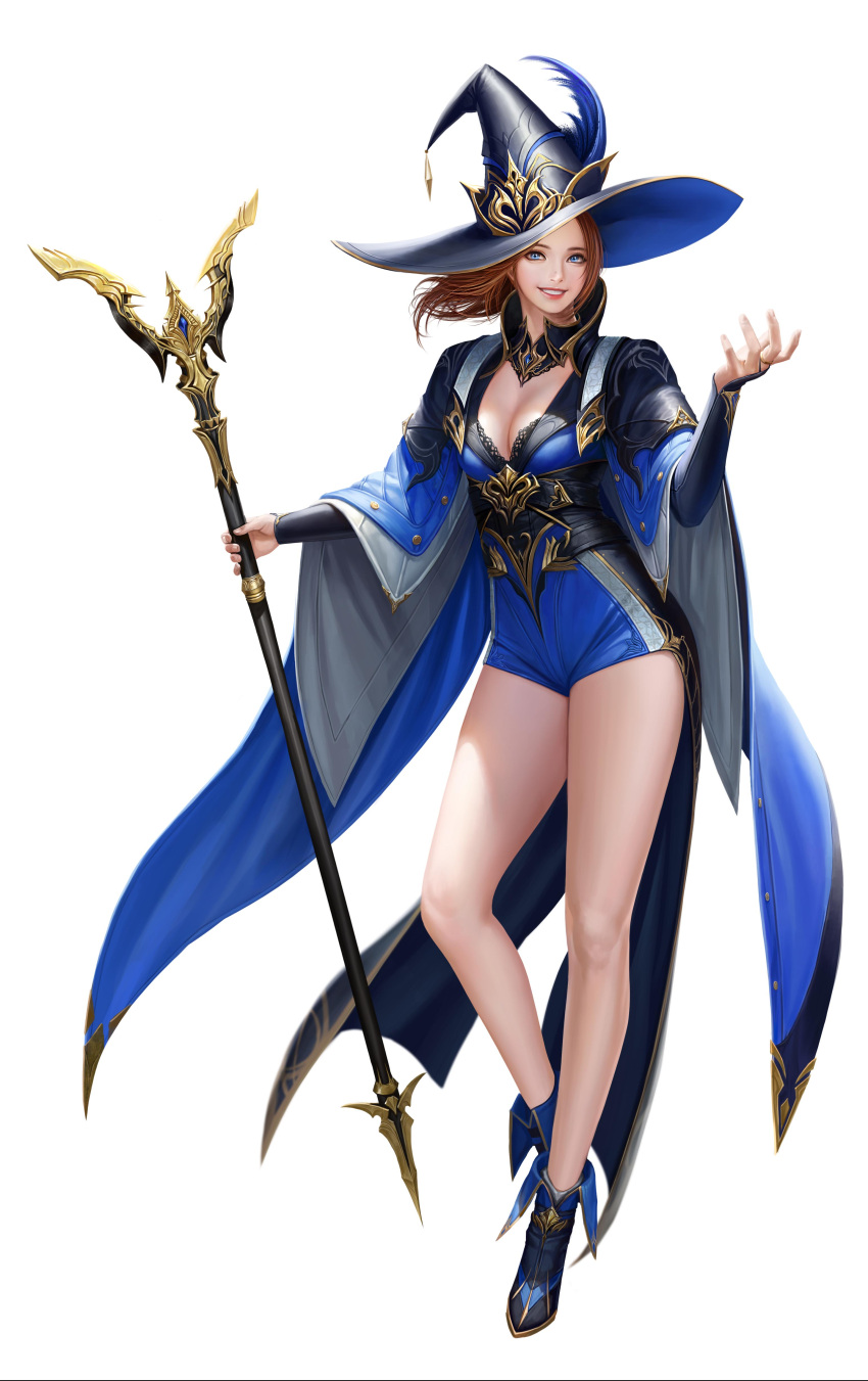 1girl absurdres bare_legs blue_boots blue_eyes boots breasts bridal_gauntlets brown_hair full_body hat highres holding holding_staff long_hair looking_at_viewer medium_breasts original parted_lips simple_background smile solo staff taekwon_kim white_background witch witch_hat